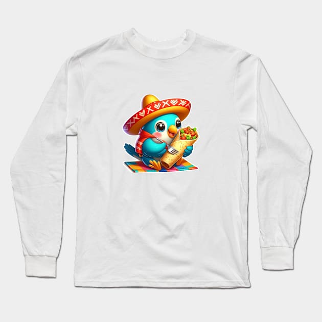 cute love birds are eating Mexican specialties, Tacos, Burritos, Enchiladas, Quesadillas, Guacamole, Fajitas, Chiles Rellenos, Tamales, Mole, Chilaquiles, Long Sleeve T-Shirt by art poo